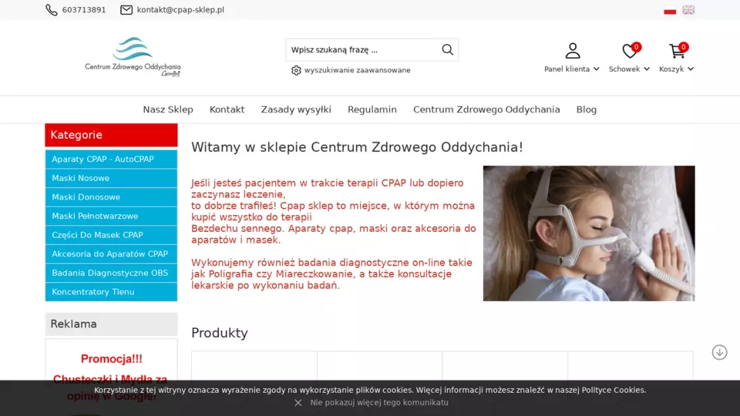 Zrzut ekranu strony firmy Sklep z przyrządami do CPAP - Centrum Zdrowego Oddychania