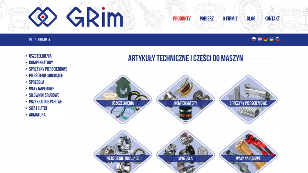 Zrzut ekranu strony firmy Grim - artykuły techniczne do maszyn
