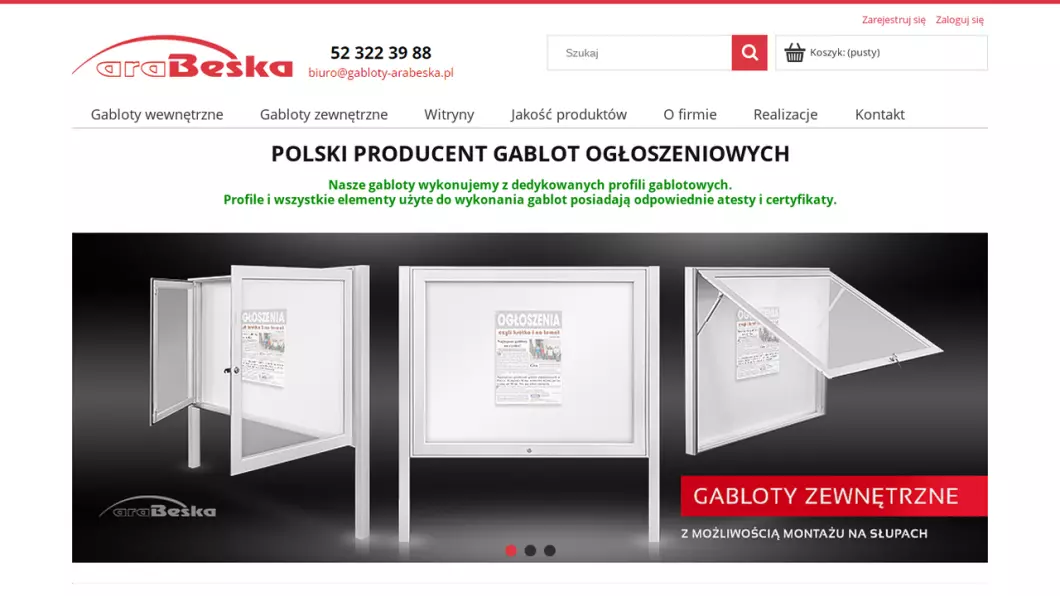 Zrzut ekranu strony firmy Producent gablot Arabeska