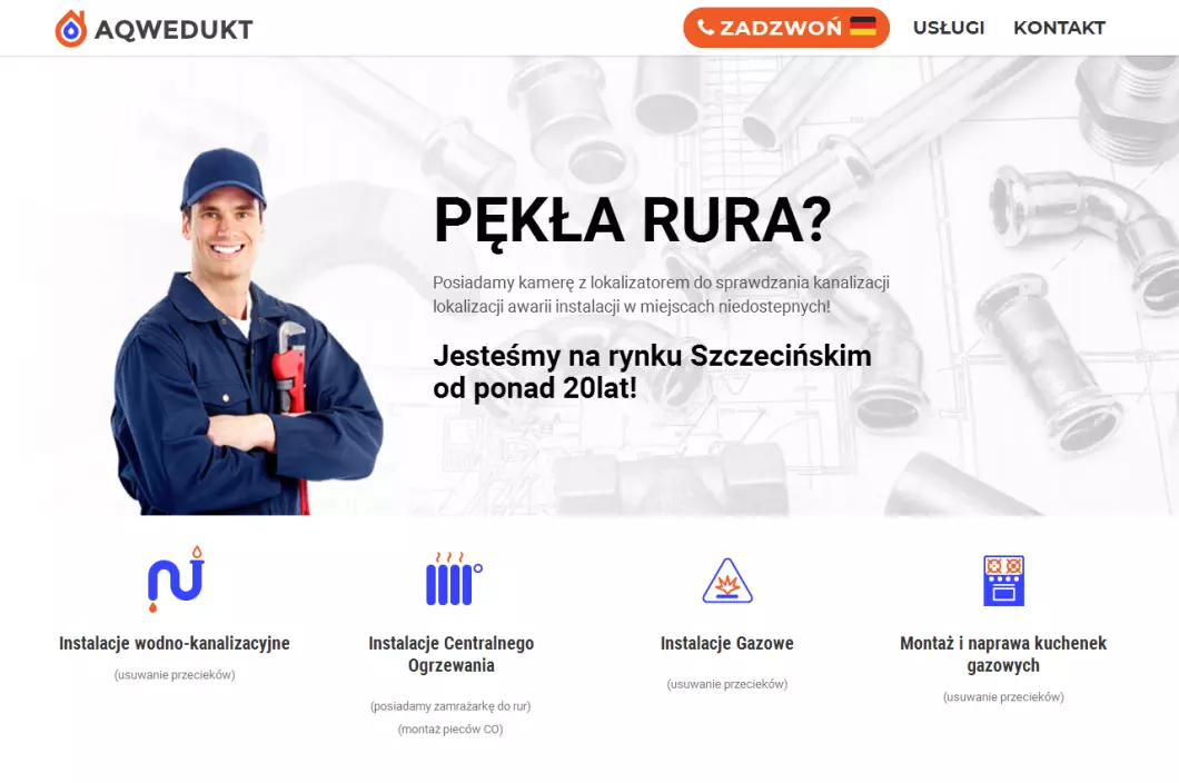 Zrzut ekranu strony firmy Usługi hydrauliczne Aqwedukt