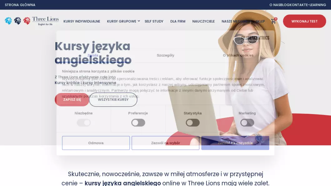 Zrzut ekranu strony firmy Szkoła języka angielskiego - kursy języka angielskiego online i stacjonarnie | Three Lions