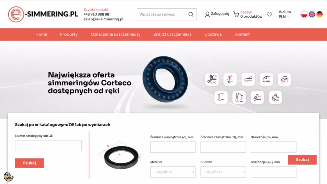 Zrzut ekranu strony firmy Uszczelniacze, simeringi | Sklep internetowy e-simmering.pl