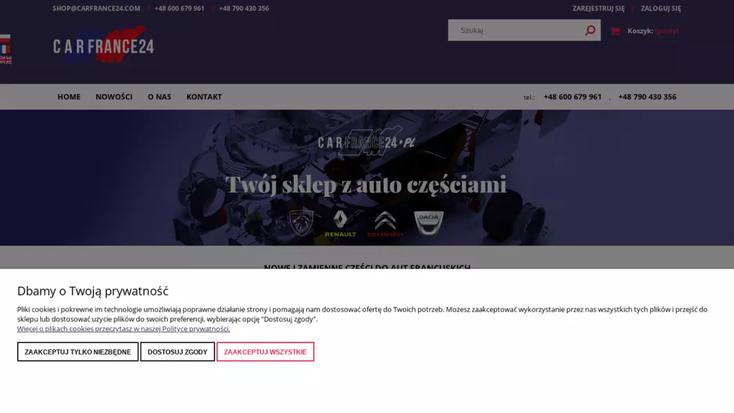 Zrzut ekranu strony firmy Sklep z częściami do samochodów francuskich Carfrance24