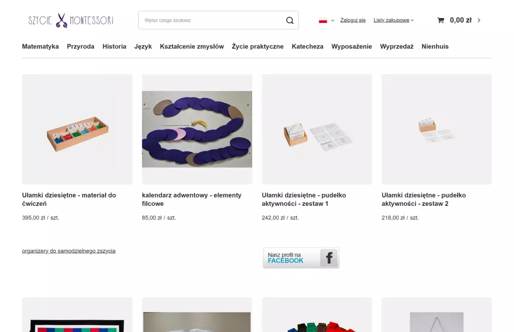 Zrzut ekranu strony firmy Pomoce dydaktyczne Montessori - Szycie Montessori