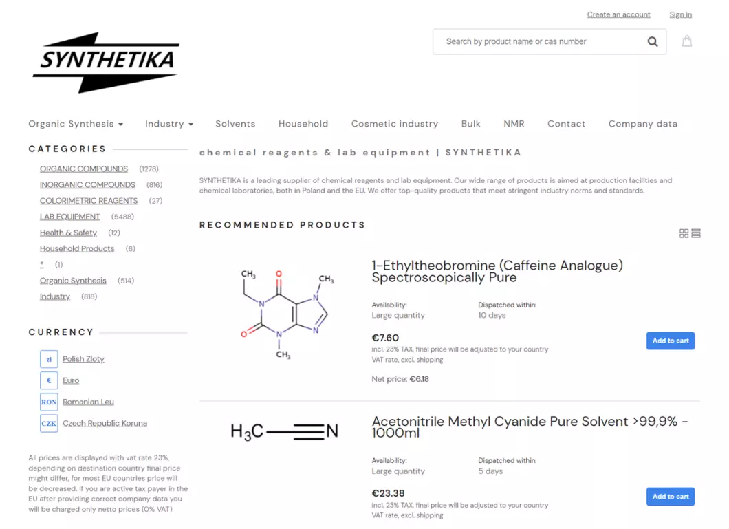 Zrzut ekranu strony firmy SYNTHETIKA