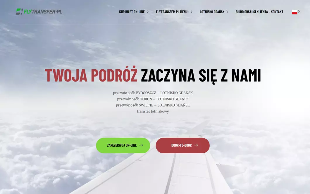 Zrzut ekranu strony firmy Busy na lotnisko Gdańsk - FLYTRANSFER.PL