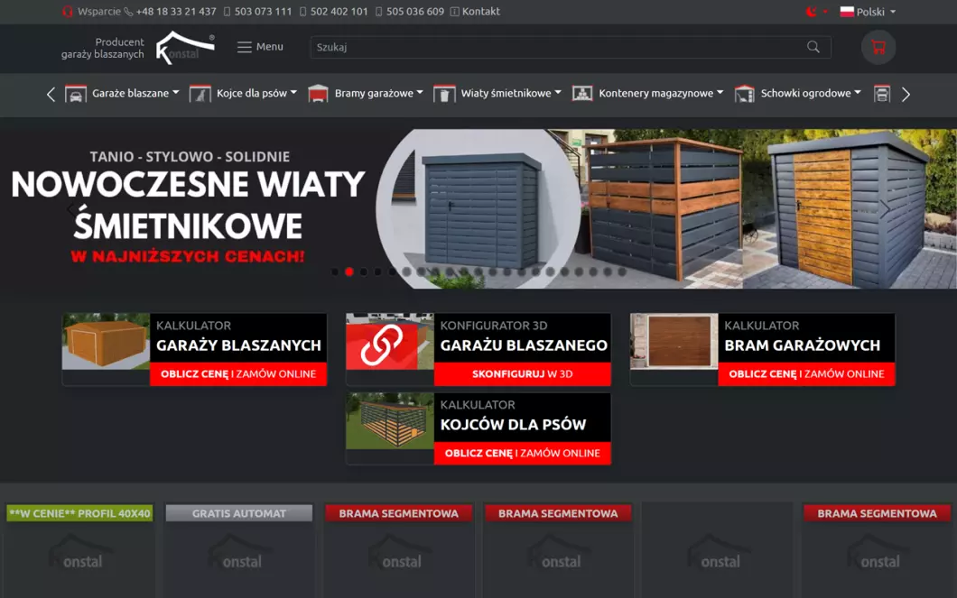 Zrzut ekranu strony firmy Konstal - producent  garaży blaszanych i bram garażowych