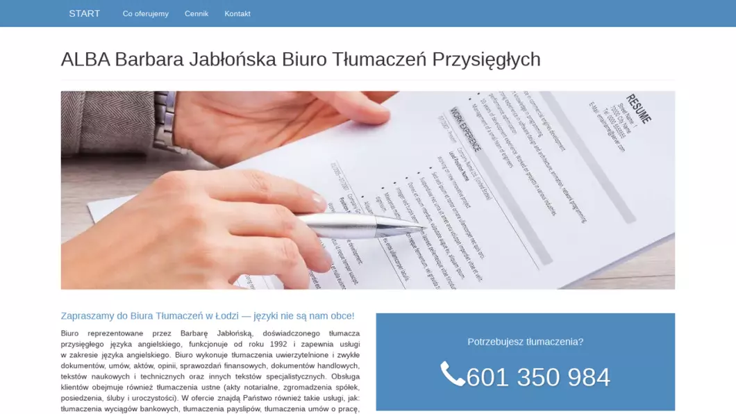 Zrzut ekranu strony firmy Biuro Tłumaczeń Przysięgłych ALBA