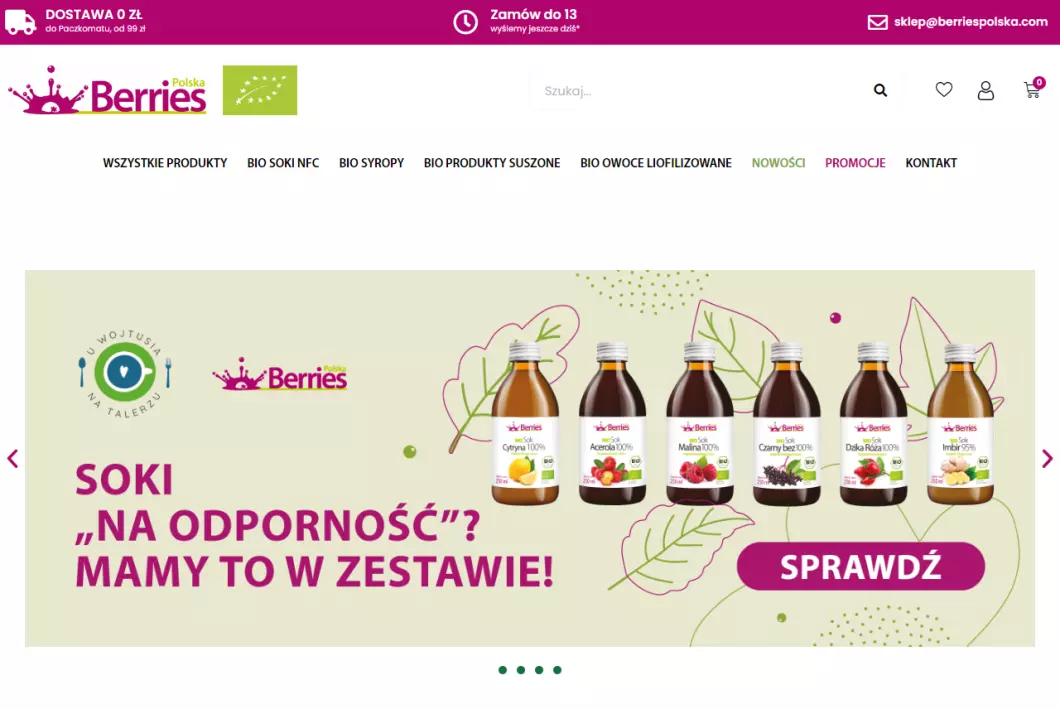 Zrzut ekranu strony firmy Berries Polska - producent soków ekologicznych