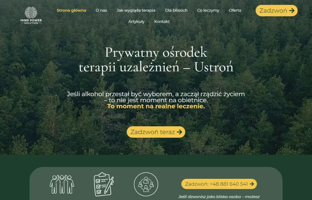 Zrzut ekranu strony firmy Ośrodek Terapii Uzależnień Mind Power Solution