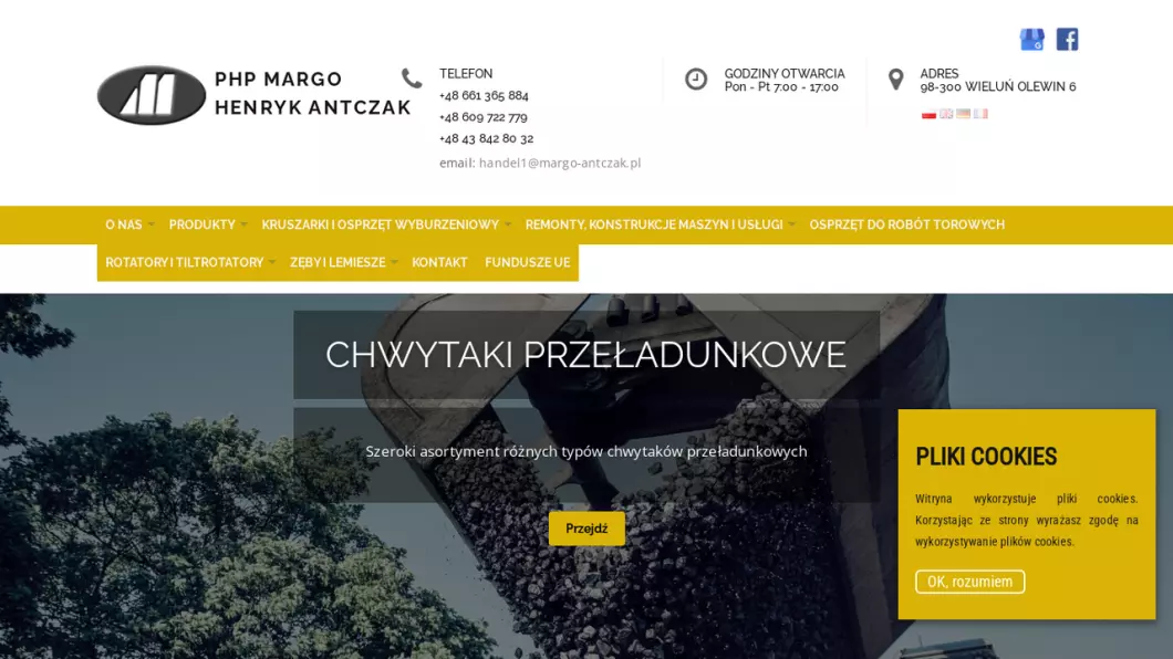 Zrzut ekranu strony firmy PHP MARGO - producent łyżek i chwytaków do koparek