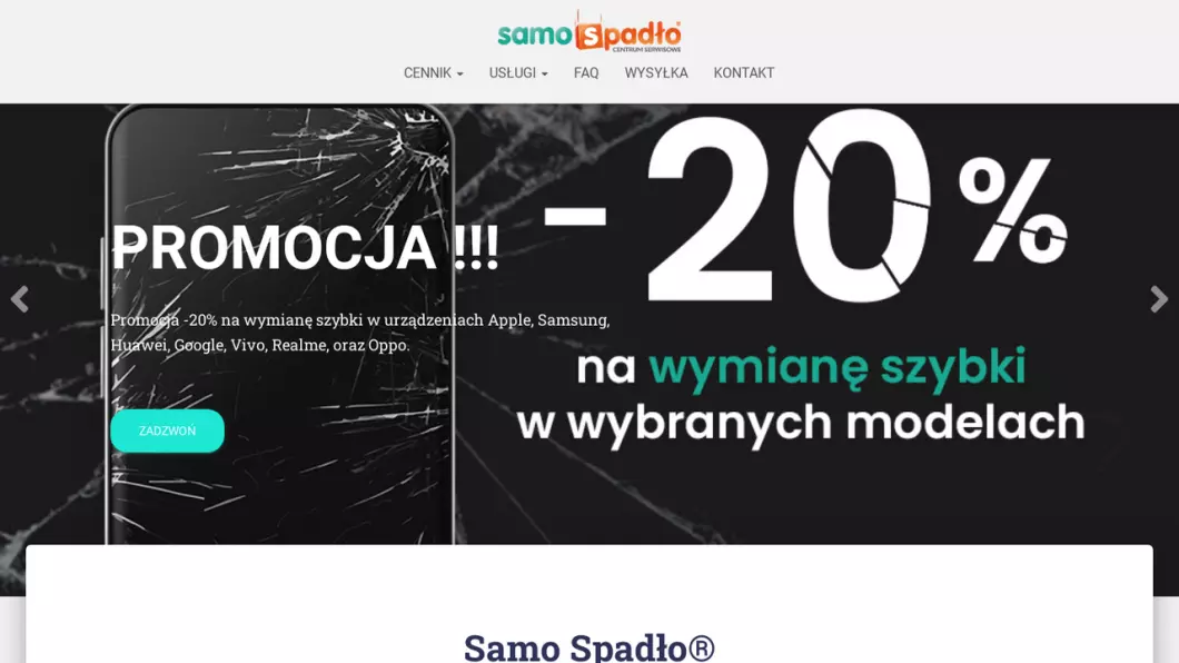 Zrzut ekranu strony firmy Samo Spadło Centrum Serwisowe