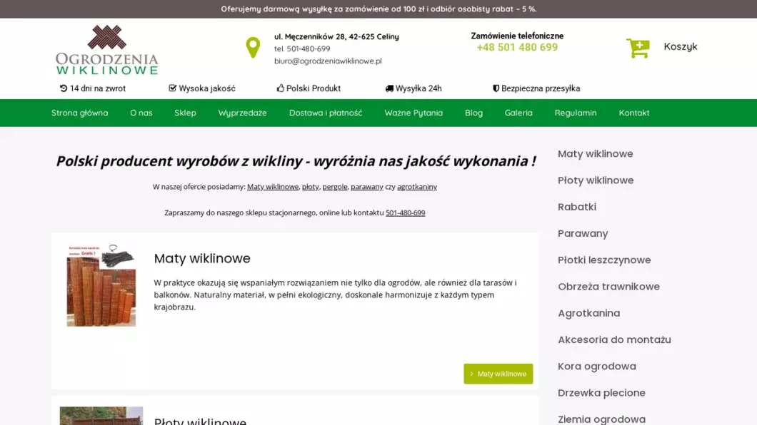 Zrzut ekranu strony firmy Ogrodzenia Wiklinowe