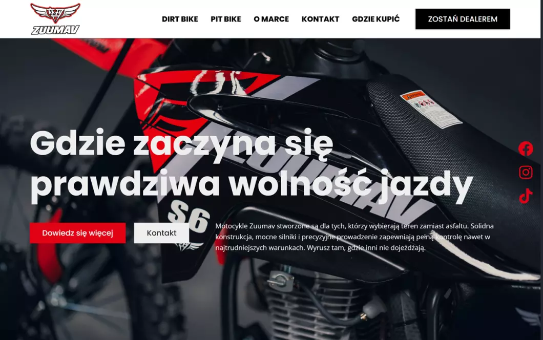 Zrzut ekranu strony firmy Zuumav - motocykle terenowe
