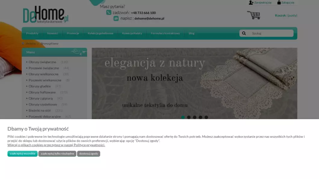 Zrzut ekranu strony firmy Tekstylia domowe DeHome