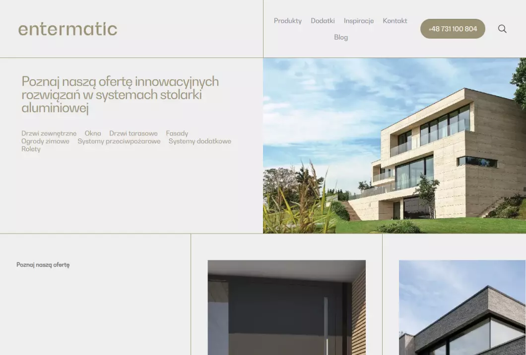 Zrzut ekranu strony firmy Entermatic - producent okien i drzwi zewnętrznych
