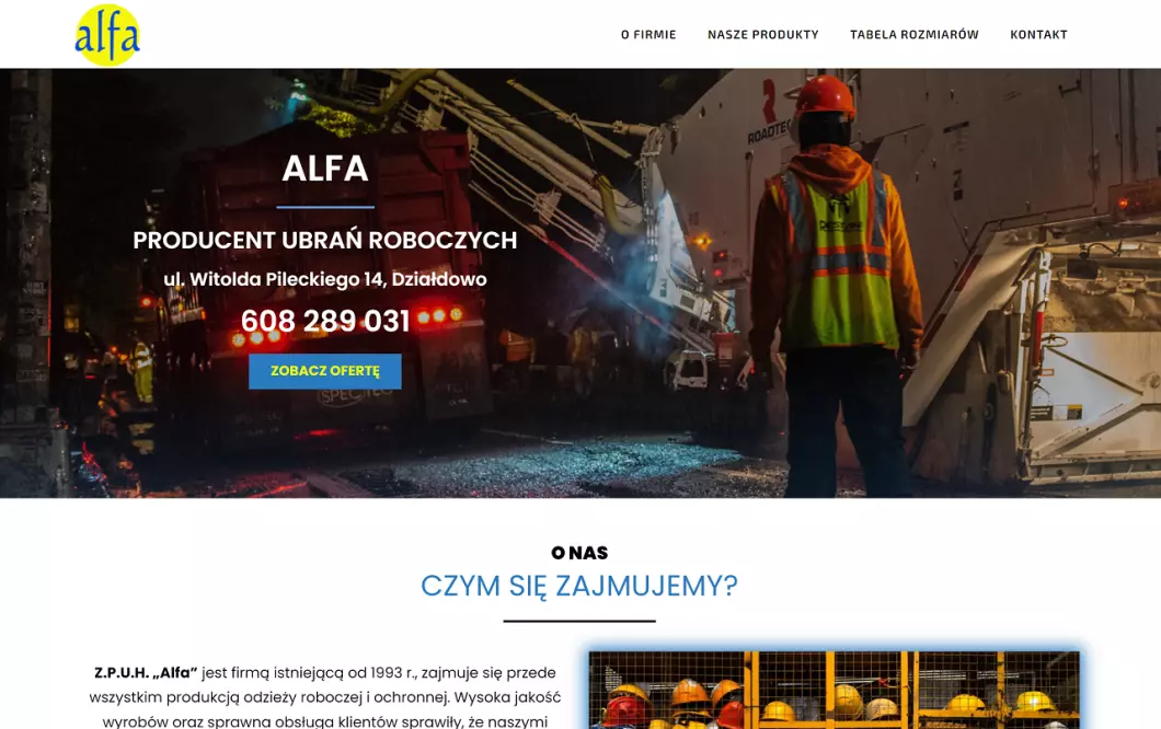 Zrzut ekranu strony firmy Sklep z odzieżą roboczą Alfa