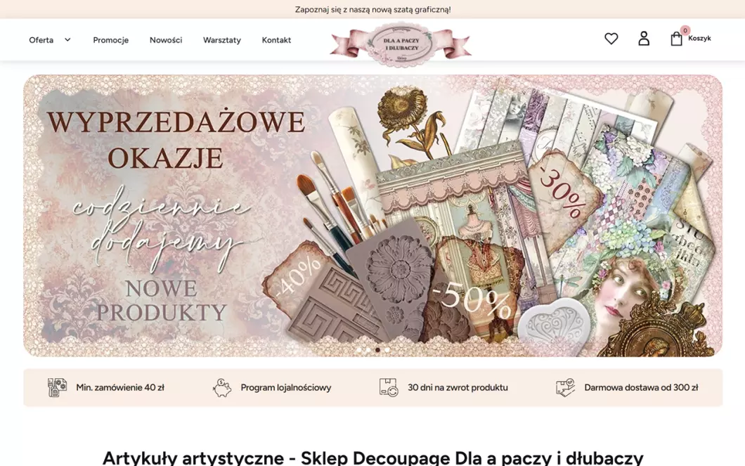 Zrzut ekranu strony firmy Artykuły artystyczne - Dla A Paczy i Dłubaczy