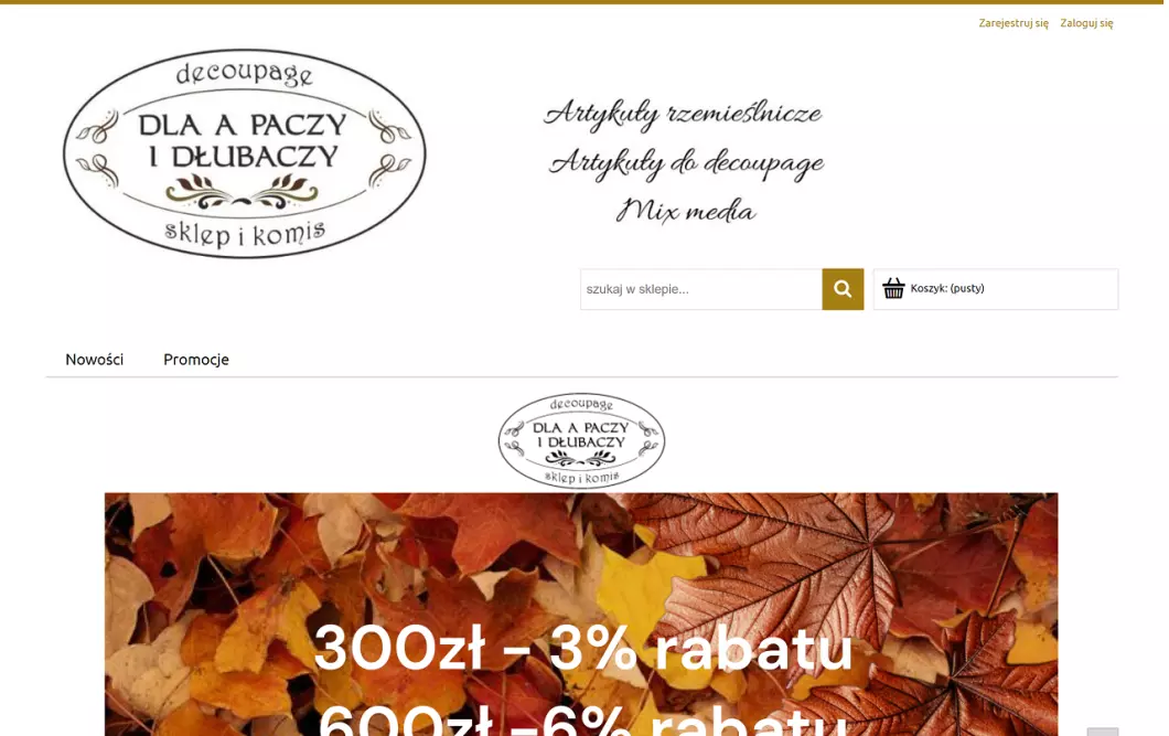 Zrzut ekranu strony firmy Artykuły artystyczne - Dla A Paczy i Dłubaczy