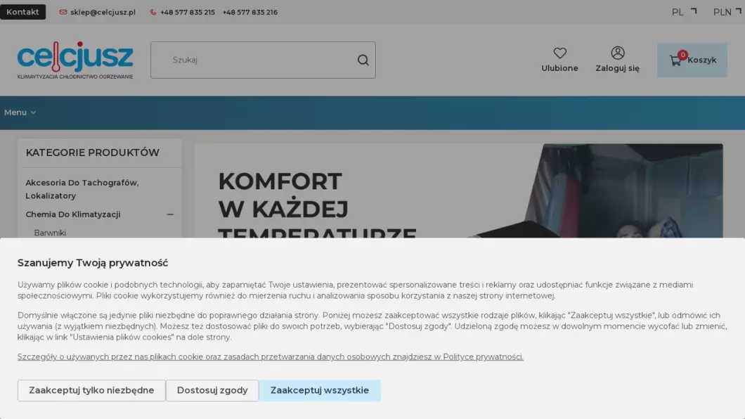 Zrzut ekranu strony firmy Części do klimatyzacji samochodowej | Sklep internetowy Sklepcelcjusz.pl