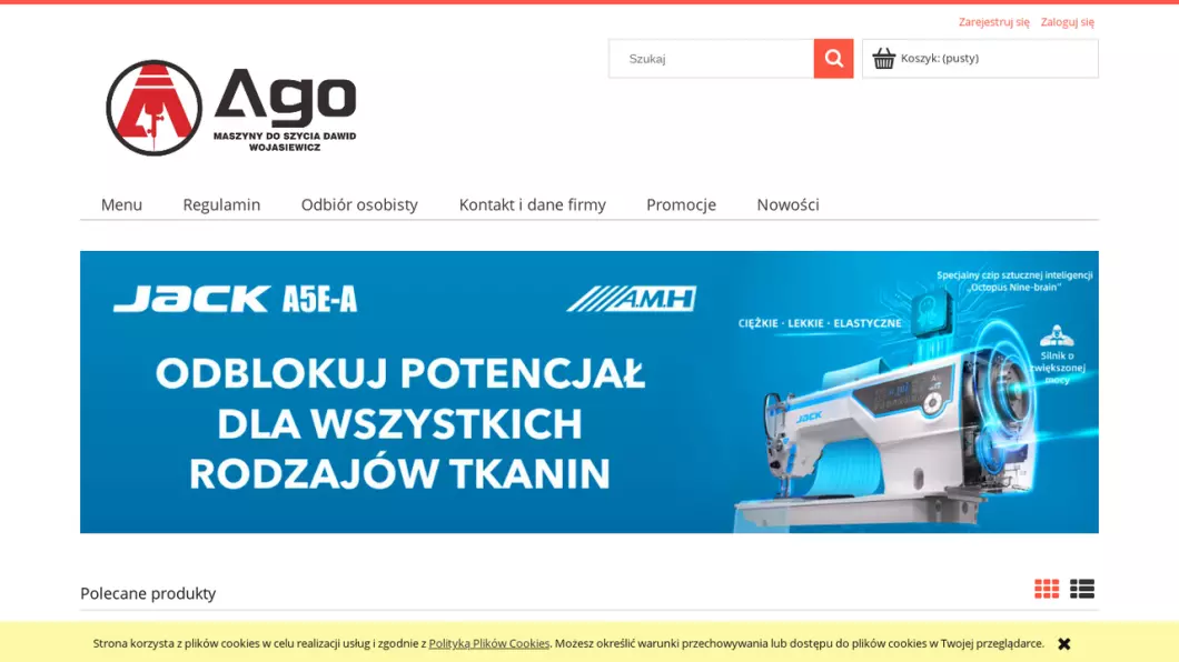 Zrzut ekranu strony firmy Maszyny do szycia | Sklep internetowy Ago Maszyny