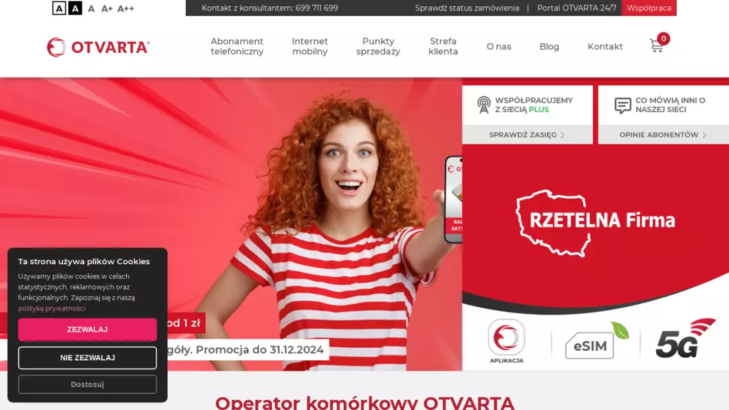 Zrzut ekranu strony firmy Operator komórkowy OTVARTA