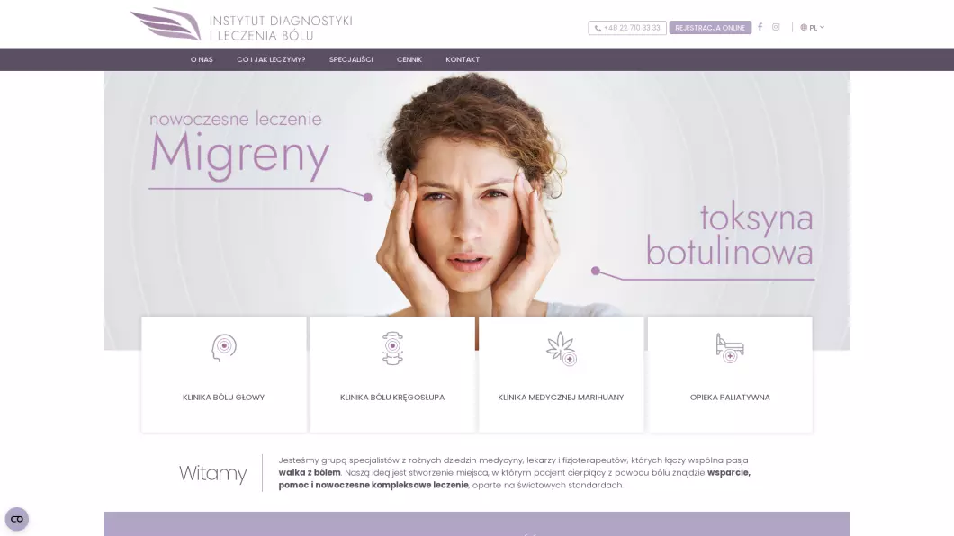 Zrzut ekranu strony firmy Leczenie bólu głowy | Instytut Diagnostyki i Leczenia Bólu
