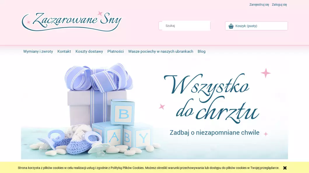 Zrzut ekranu strony firmy Ubranka, komplety do chrztu | Zaczarowane Sny